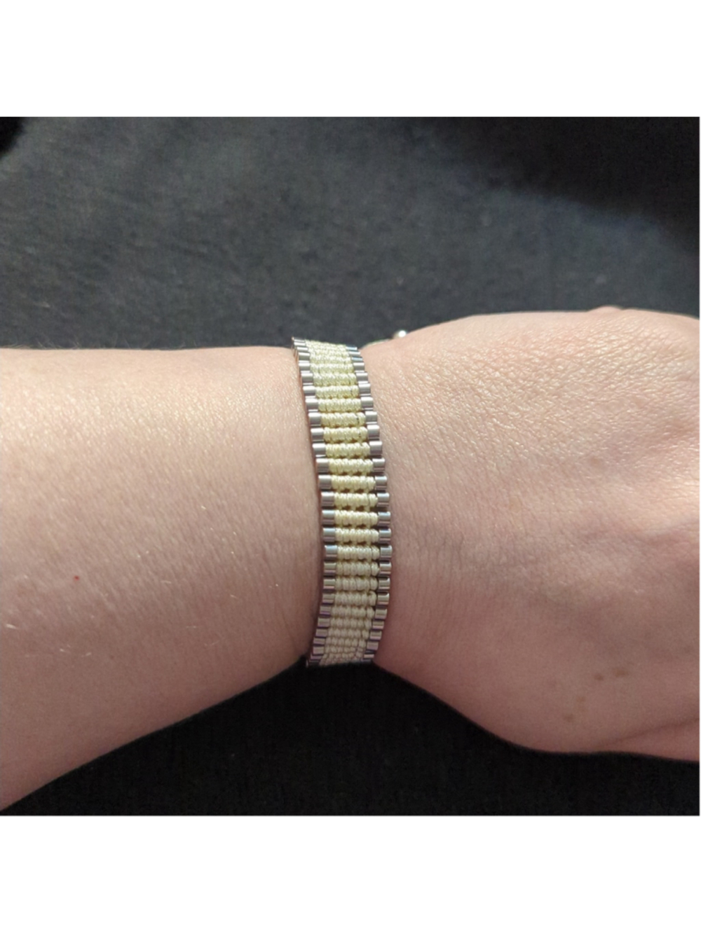 Silver Tone Bar and Cream Thread Slide Knot Statement Bracelet